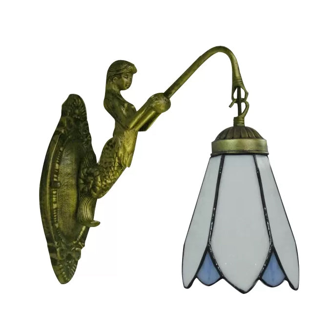 Lisslune | 1 Headcone Wall Light Tiffany White/Blue Glass Wall Light with Mermaid Backplate