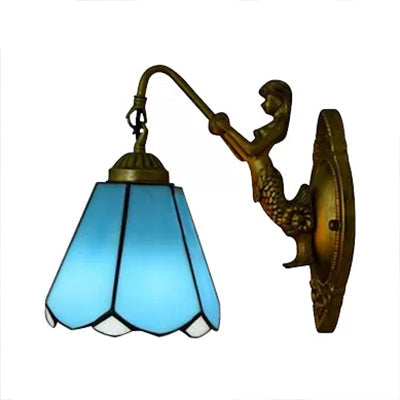 Lisslune | 1 Headcone Wall Light Tiffany White/Blue Glass Wall Light with Mermaid Backplate