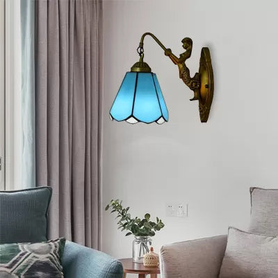 Lisslune | 1 Headcone Wall Light Tiffany White/Blue Glass Wall Light with Mermaid Backplate