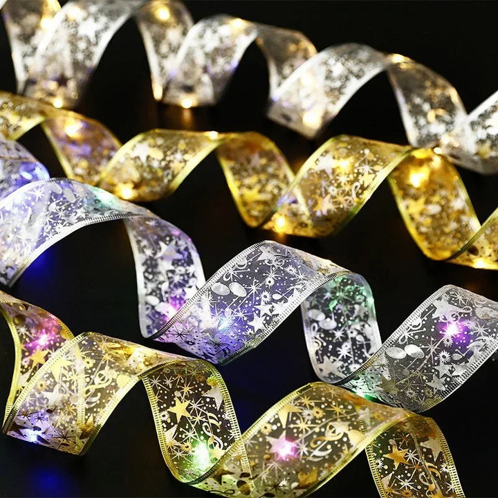 Lisslune | Christmas ribbon fairy lights Christmas decoration DIY bows lights tree ornament for home 2023 Christmas ornament New Year Navidad