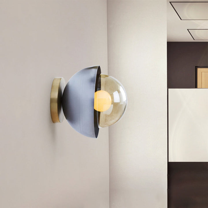 Lisslune | Metallic Half-Moon Wall Lamp Modernist 1-Light Brass/Chrome Wall Light with Orb Tan Glass Shade for Hallway