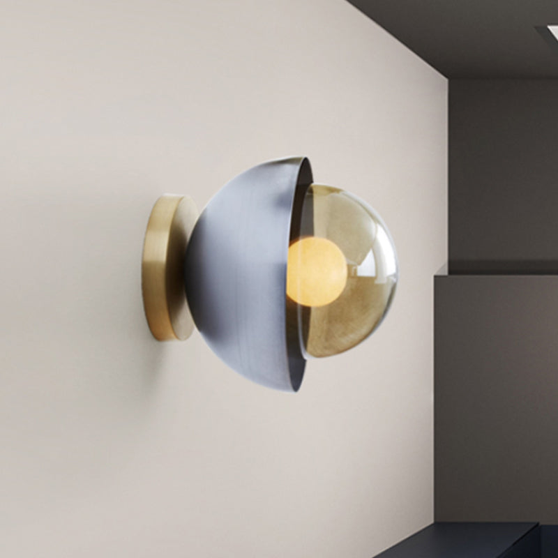 Lisslune | Metallic Half-Moon Wall Lamp Modernist 1-Light Brass/Chrome Wall Light with Orb Tan Glass Shade for Hallway