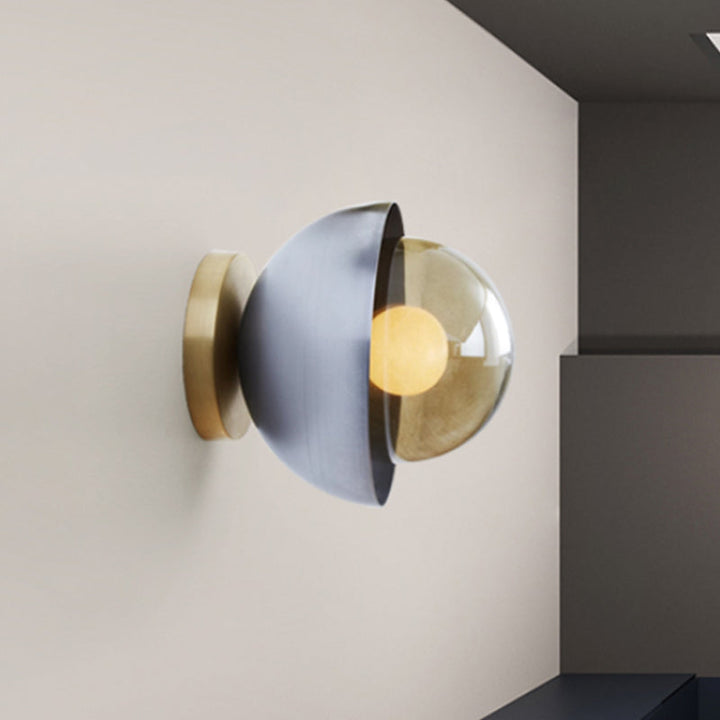 Lisslune | Metallic Half-Moon Wall Lamp Modernist 1-Light Brass/Chrome Wall Light with Orb Tan Glass Shade for Hallway
