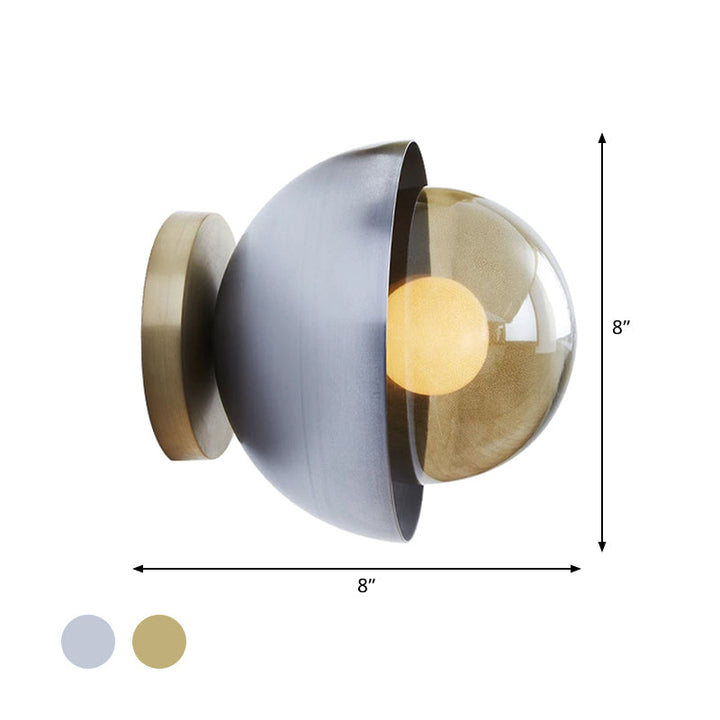 Lisslune | Metallic Half-Moon Wall Lamp Modernist 1-Light Brass/Chrome Wall Light with Orb Tan Glass Shade for Hallway