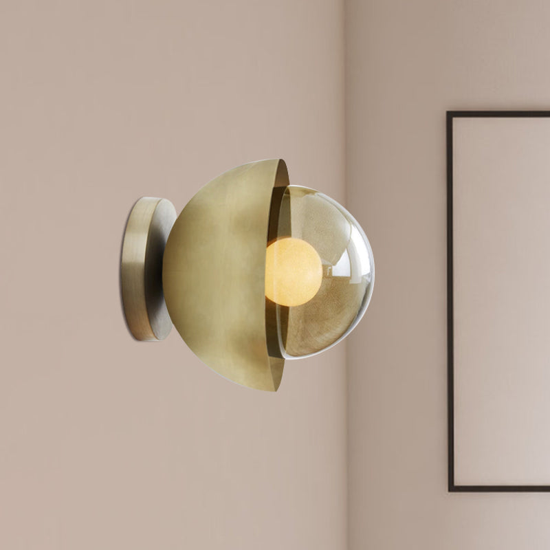 Lisslune | Metallic Half-Moon Wall Lamp Modernist 1-Light Brass/Chrome Wall Light with Orb Tan Glass Shade for Hallway