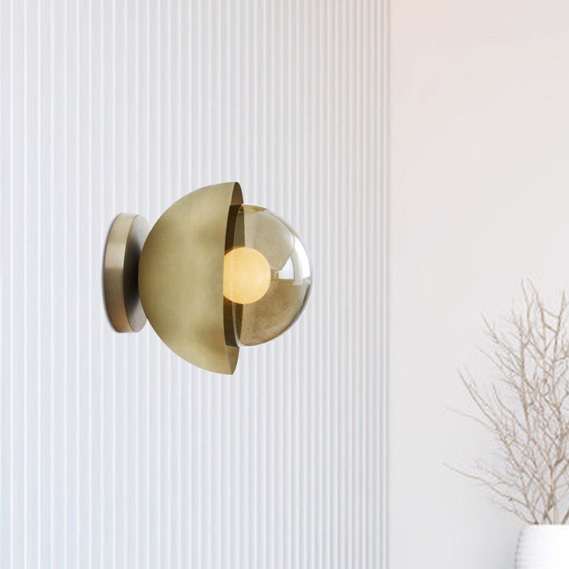Lisslune | Metallic Half-Moon Wall Lamp Modernist 1-Light Brass/Chrome Wall Light with Orb Tan Glass Shade for Hallway