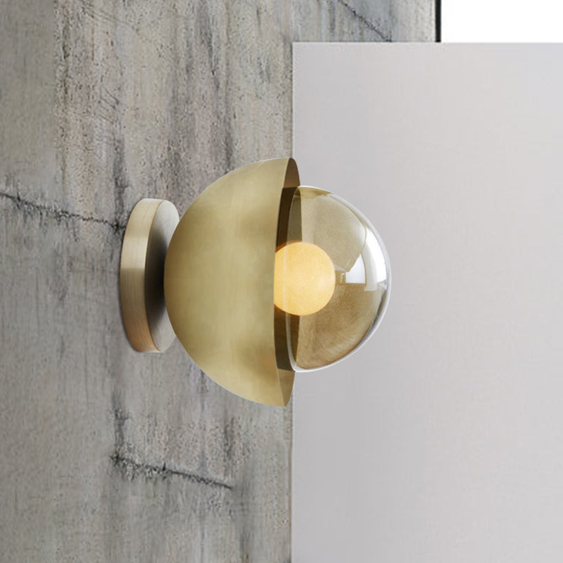 Lisslune | Metallic Half-Moon Wall Lamp Modernist 1-Light Brass/Chrome Wall Light with Orb Tan Glass Shade for Hallway