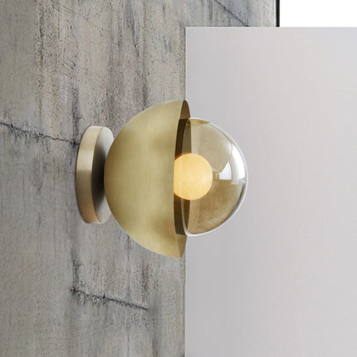 Lisslune | Metallic Half-Moon Wall Lamp Modernist 1-Light Brass/Chrome Wall Light with Orb Tan Glass Shade for Hallway