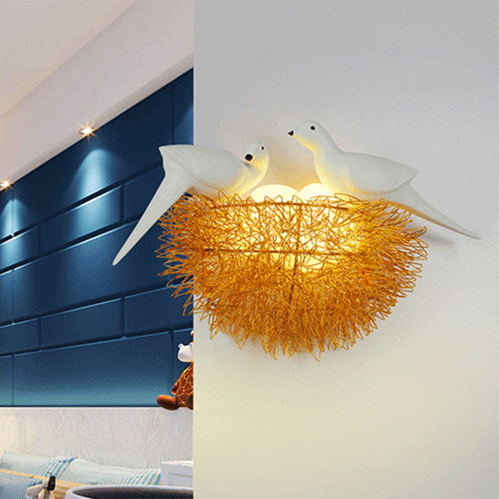 Lisslune | Gold Finish Bird Nest Flush Wall Sconce Art Deco 3 Lights Metal LED Wall Lamp with White Bird Decor