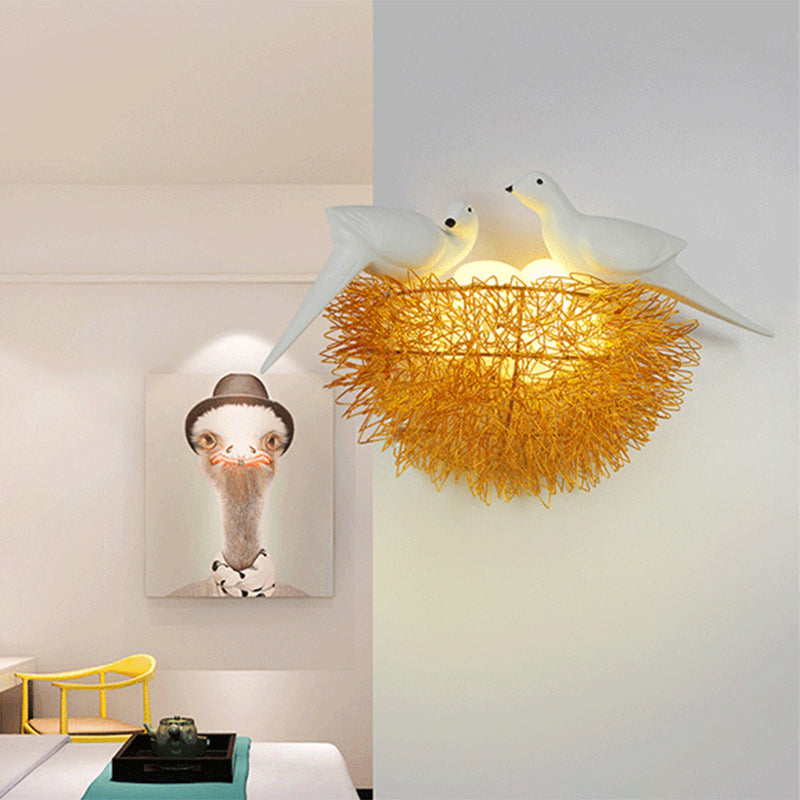 Lisslune | Gold Finish Bird Nest Flush Wall Sconce Art Deco 3 Lights Metal LED Wall Lamp with White Bird Decor