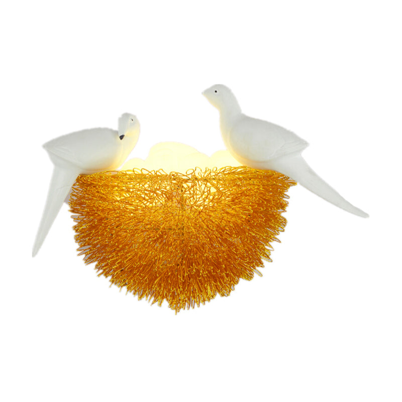 Lisslune | Gold Finish Bird Nest Flush Wall Sconce Art Deco 3 Lights Metal LED Wall Lamp with White Bird Decor