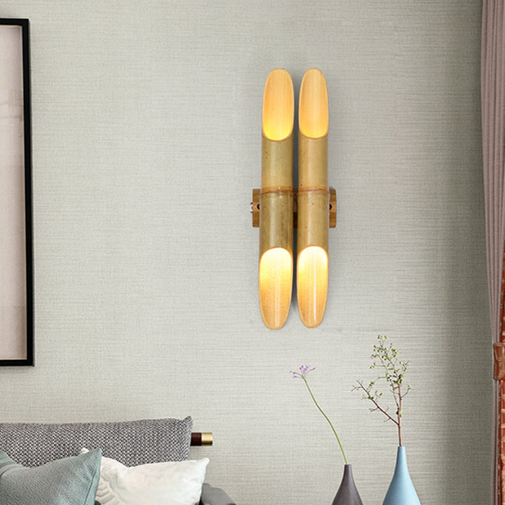Skørter | 4 Lights Tea Room Wall Sconce Lighting Asian Beige Up-Down Wall Lamp with Double Bar Bamboo Shade