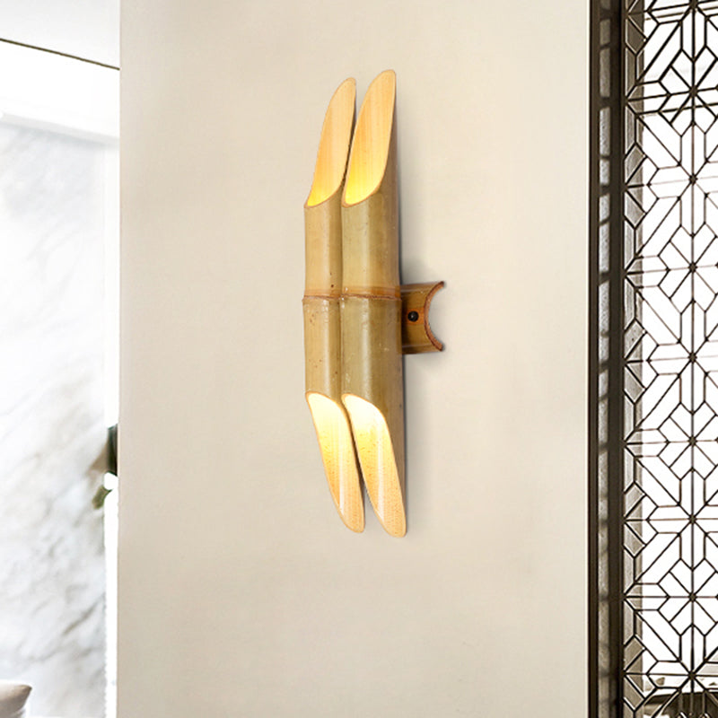 Skørter | 4 Lights Tea Room Wall Sconce Lighting Asian Beige Up-Down Wall Lamp with Double Bar Bamboo Shade
