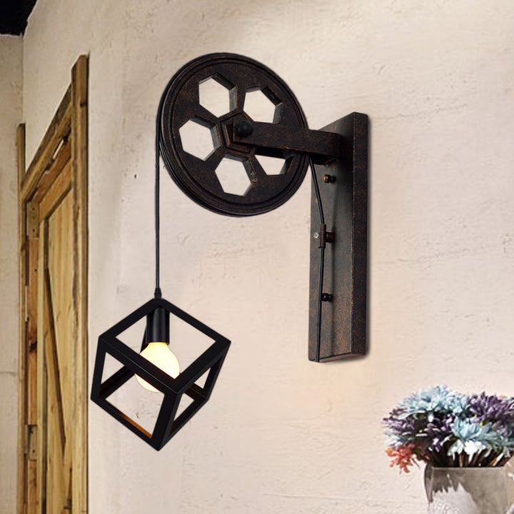 Lisslune | Black 1 Head Wall Scone Light Vintage Industrial Wrought Iron Square Cage Wall Lighting for Farmhouse