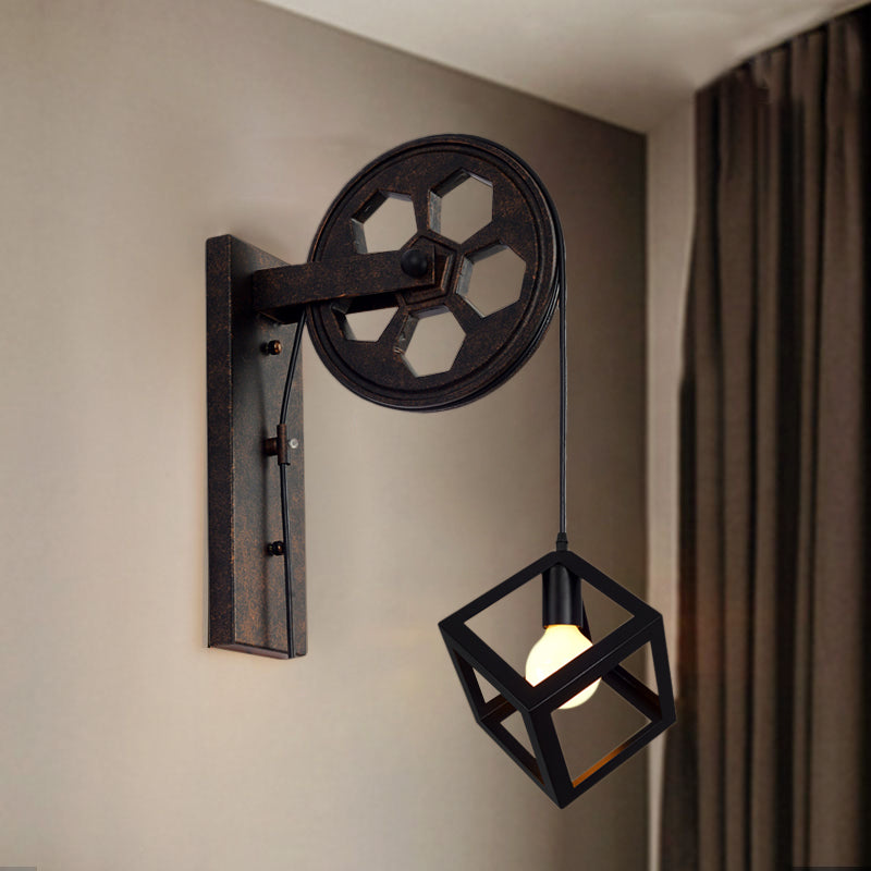 Lisslune | Black 1 Head Wall Scone Light Vintage Industrial Wrought Iron Square Cage Wall Lighting for Farmhouse