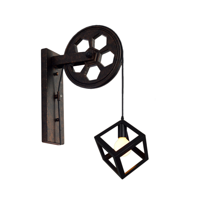 Lisslune | Black 1 Head Wall Scone Light Vintage Industrial Wrought Iron Square Cage Wall Lighting for Farmhouse