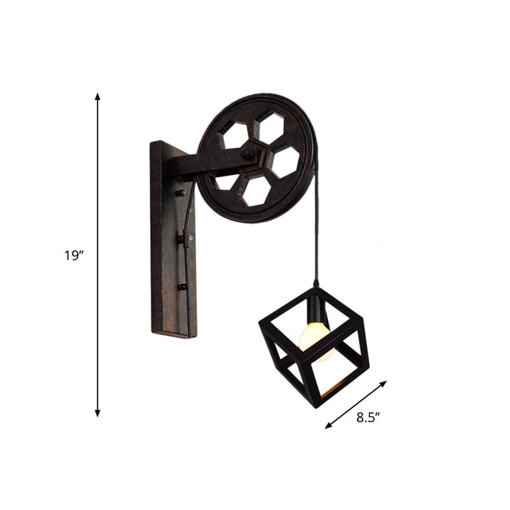 Lisslune | Black 1 Head Wall Scone Light Vintage Industrial Wrought Iron Square Cage Wall Lighting for Farmhouse