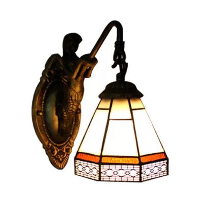 Lisslune | Cone Wall Lamp Fixture 1 Head Blue/Green/Amber Glass Tiffany Wall Lamp with Mermaid Backplate