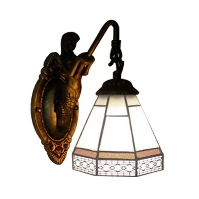 Lisslune | Cone Wall Lamp Fixture 1 Head Blue/Green/Amber Glass Tiffany Wall Lamp with Mermaid Backplate