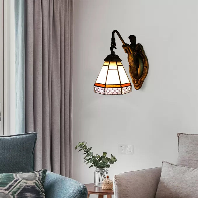Lisslune | Cone Wall Lamp Fixture 1 Head Blue/Green/Amber Glass Tiffany Wall Lamp with Mermaid Backplate