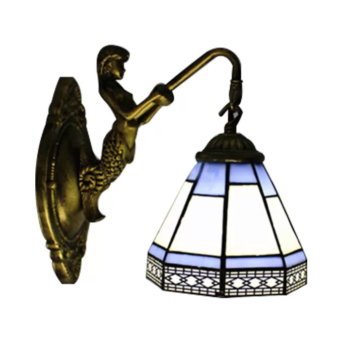 Lisslune | Cone Wall Lamp Fixture 1 Head Blue/Green/Amber Glass Tiffany Wall Lamp with Mermaid Backplate