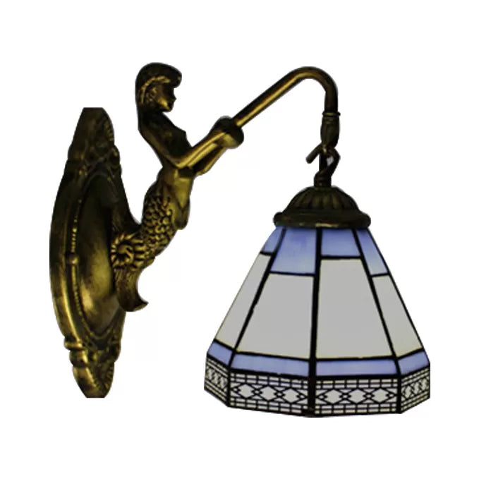 Lisslune | Cone Wall Lamp Fixture 1 Head Blue/Green/Amber Glass Tiffany Wall Lamp with Mermaid Backplate