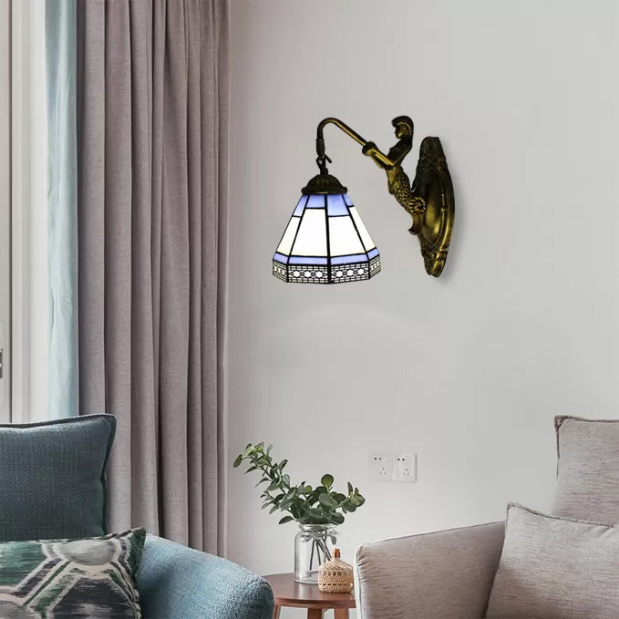 Lisslune | Cone Wall Lamp Fixture 1 Head Blue/Green/Amber Glass Tiffany Wall Lamp with Mermaid Backplate