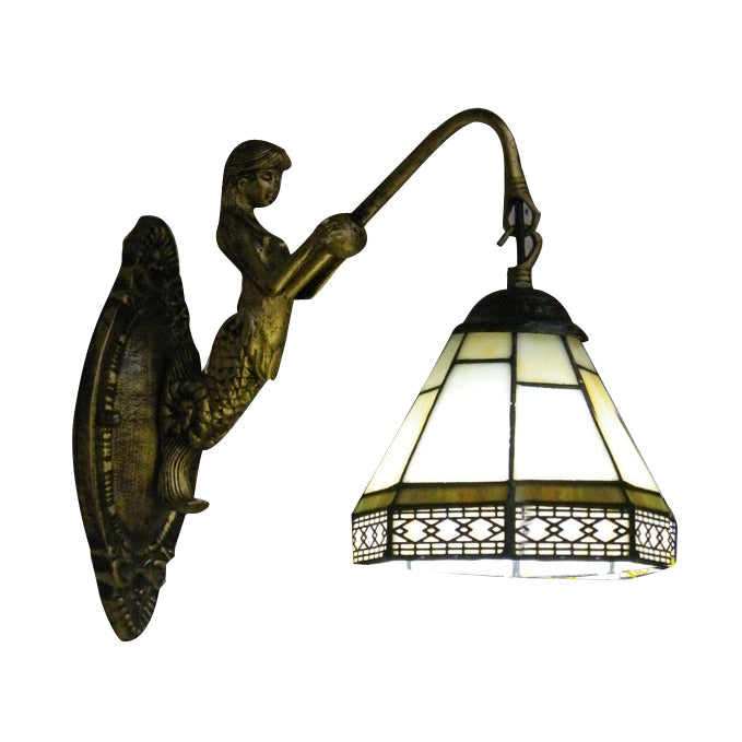 Lisslune | Cone Wall Lamp Fixture 1 Head Blue/Green/Amber Glass Tiffany Wall Lamp with Mermaid Backplate