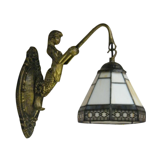Lisslune | Cone Wall Lamp Fixture 1 Head Blue/Green/Amber Glass Tiffany Wall Lamp with Mermaid Backplate