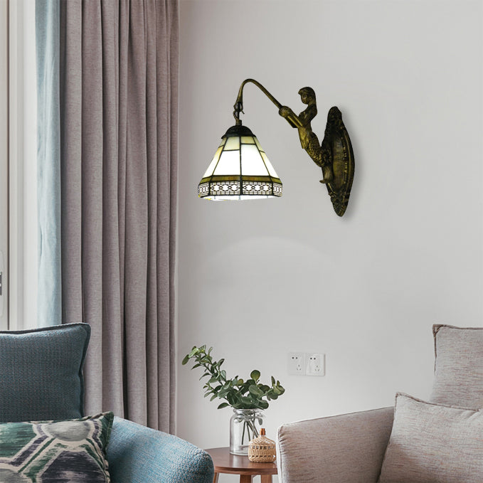 Lisslune | Cone Wall Lamp Fixture 1 Head Blue/Green/Amber Glass Tiffany Wall Lamp with Mermaid Backplate