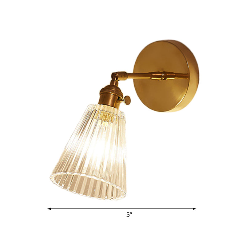 Skørter | Tapered Clear Texture Glass Wall Light Industrial Single Bulb Dining Room Wall Lamp in Brass