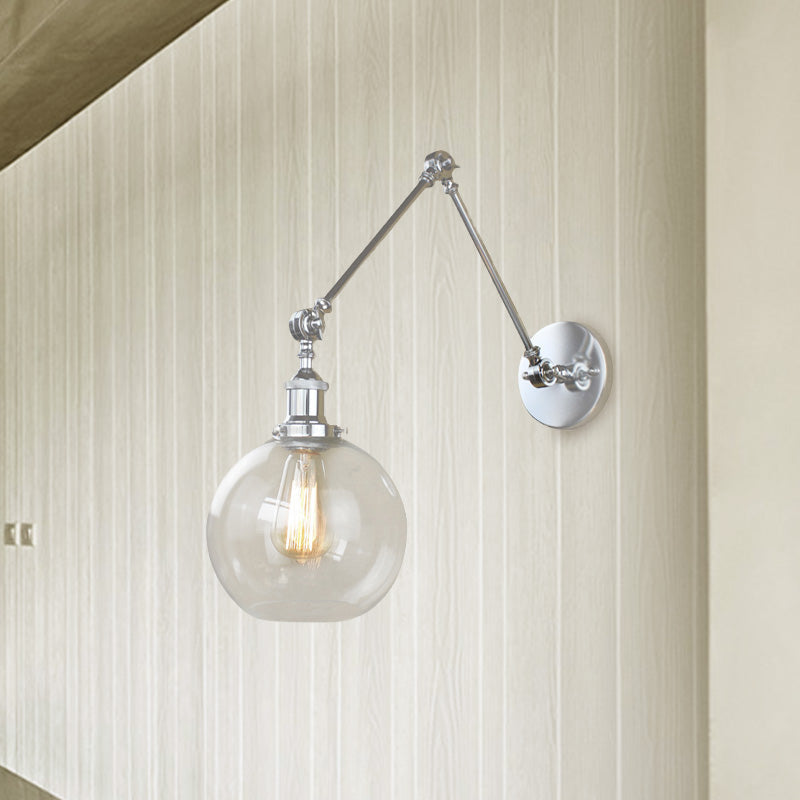 Lisslune | A wall lamp with a glass globe shade, clear glass, industrial dining room wall light with swivel arm