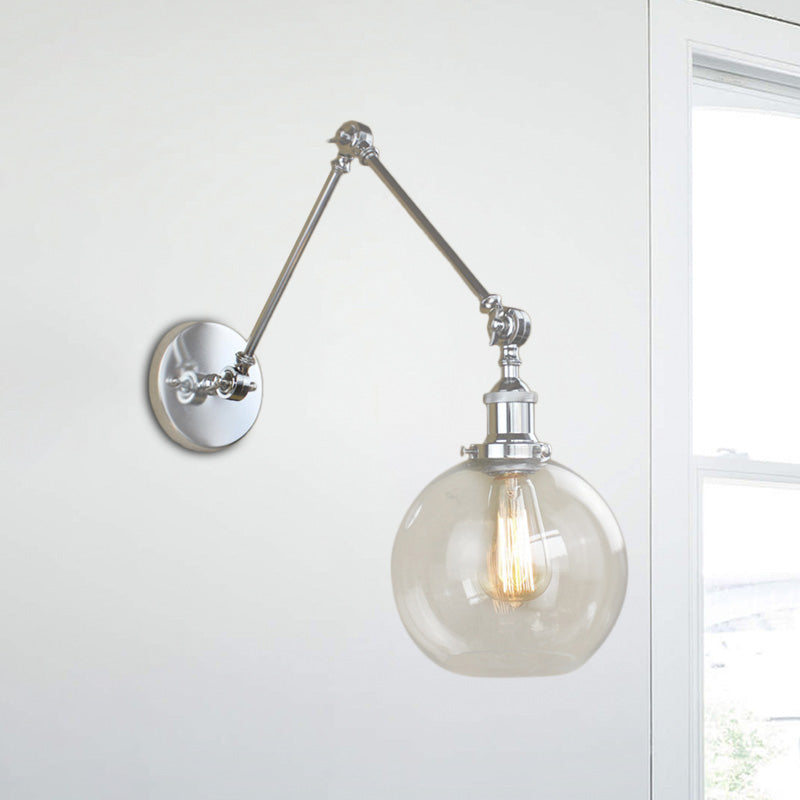 Lisslune | A wall lamp with a glass globe shade, clear glass, industrial dining room wall light with swivel arm