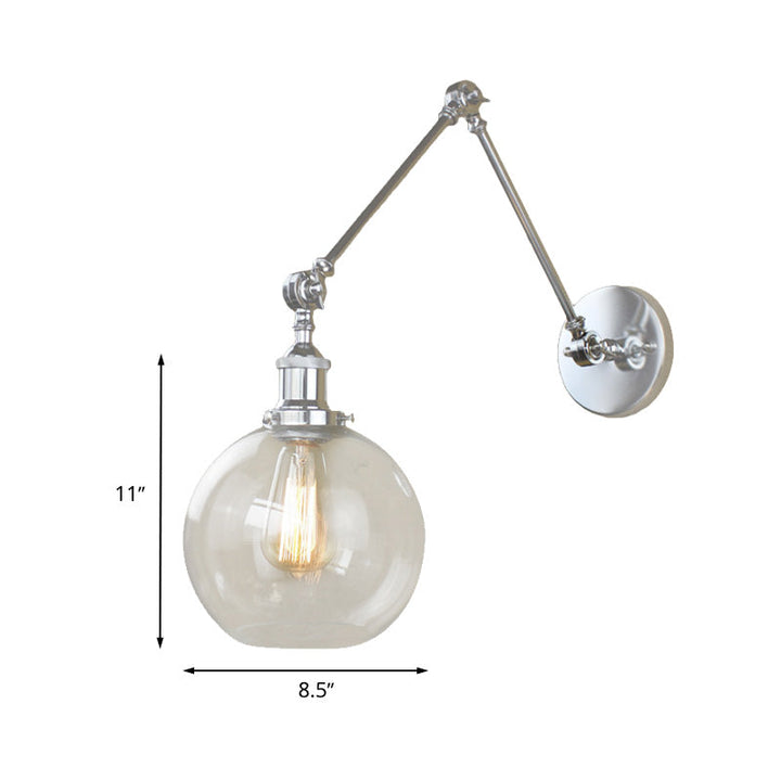 Lisslune | A wall lamp with a glass globe shade, clear glass, industrial dining room wall light with swivel arm