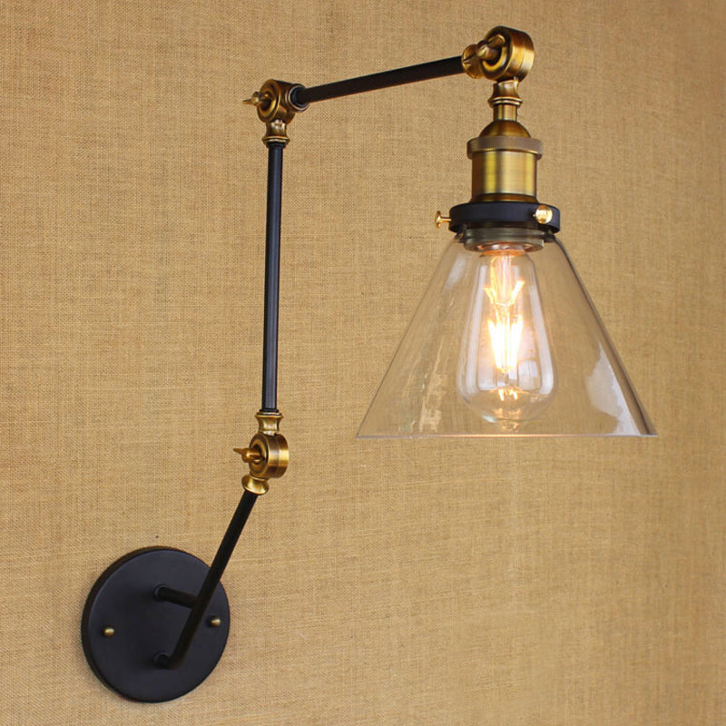 Lisslune | Vintage Tapered Wall Lamp Fixture 1 Light Source Clear Glass Wall Lamp in Brass with Extendable Arm