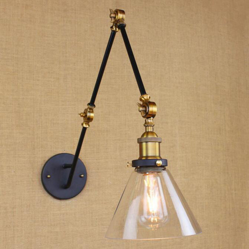 Lisslune | Vintage Tapered Wall Lamp Fixture 1 Light Source Clear Glass Wall Lamp in Brass with Extendable Arm