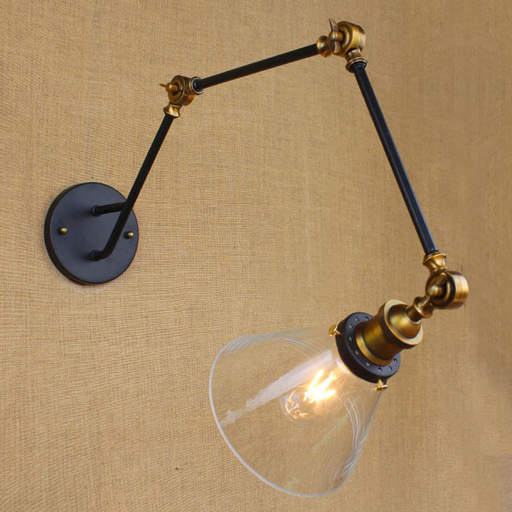 Lisslune | Vintage Tapered Wall Lamp Fixture 1 Light Source Clear Glass Wall Lamp in Brass with Extendable Arm