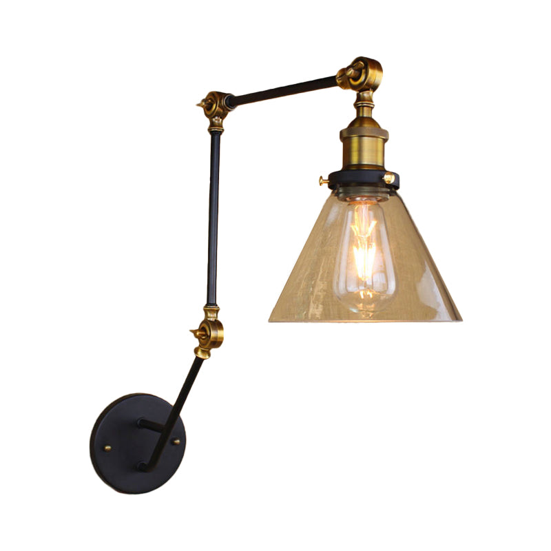 Lisslune | Vintage Tapered Wall Lamp Fixture 1 Light Source Clear Glass Wall Lamp in Brass with Extendable Arm