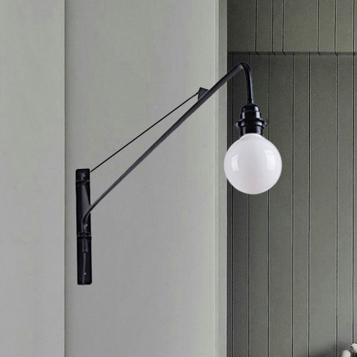 Lisslune | Metal Long Arm Wall Lamp with Bare Bulb Industrial Style 1 Light Study Room Sconces Lighting in Black