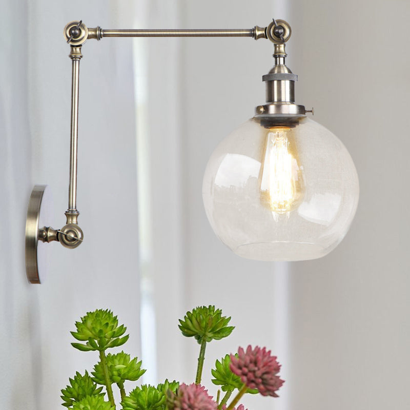 Lisslune | Rustic Globe Wall Lighting Fixture 1 Bulb Clear Glass Sconces Light in Antique Brass