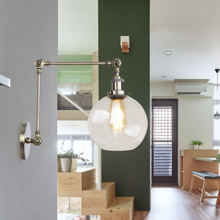 Lisslune | Rustic Globe Wall Lighting Fixture 1 Bulb Clear Glass Sconces Light in Antique Brass
