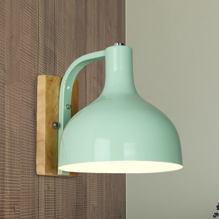 Lisslune | 1 head wall lamp modern dome shade metal wall light with wooden backplate in white/pink