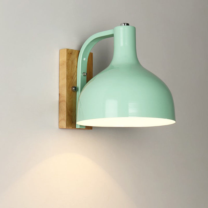 Lisslune | 1 head wall lamp modern dome shade metal wall light with wooden backplate in white/pink
