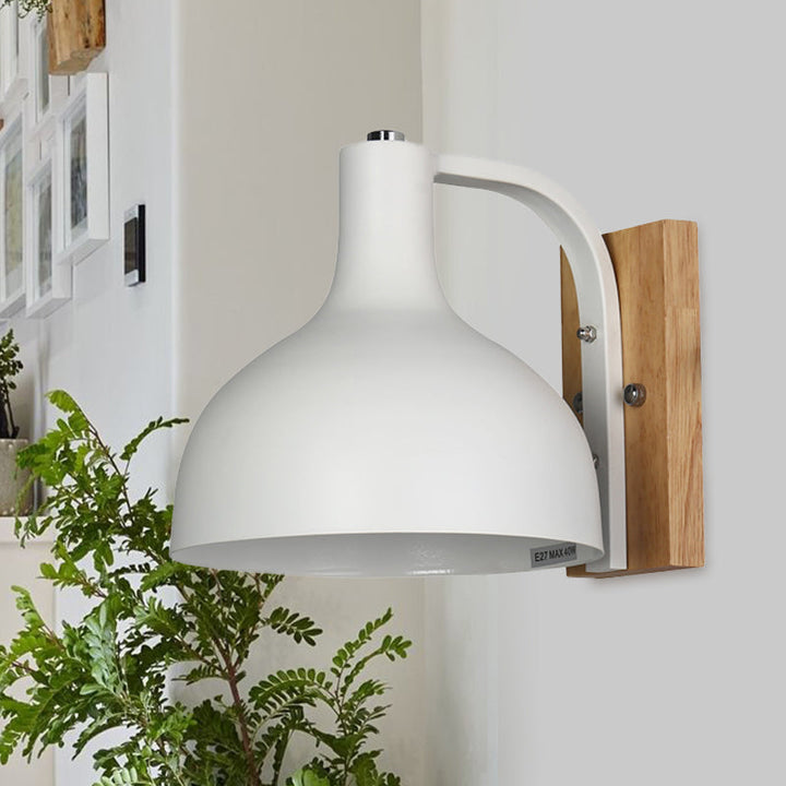 Lisslune | 1 head wall lamp modern dome shade metal wall light with wooden backplate in white/pink