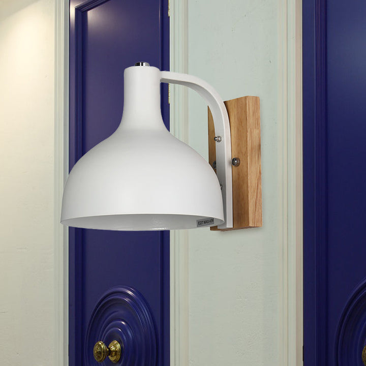 Lisslune | 1 head wall lamp modern dome shade metal wall light with wooden backplate in white/pink