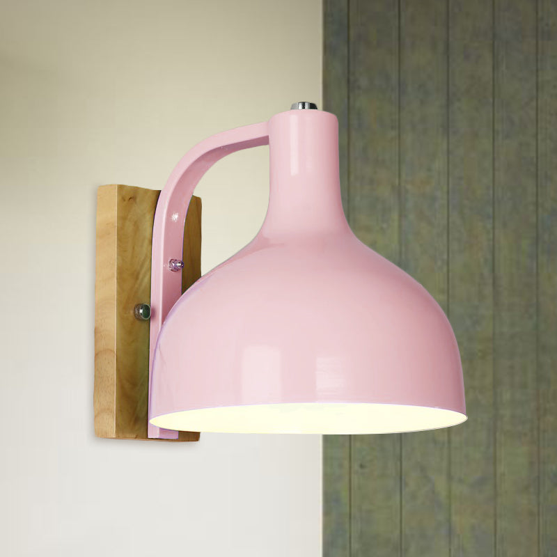 Lisslune | 1 head wall lamp modern dome shade metal wall light with wooden backplate in white/pink