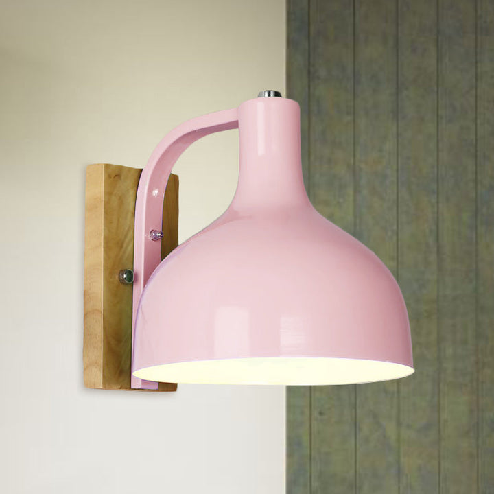 Lisslune | 1 head wall lamp modern dome shade metal wall light with wooden backplate in white/pink