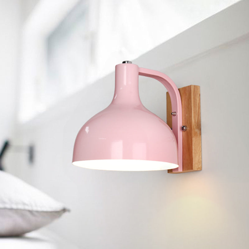 Lisslune | 1 head wall lamp modern dome shade metal wall light with wooden backplate in white/pink