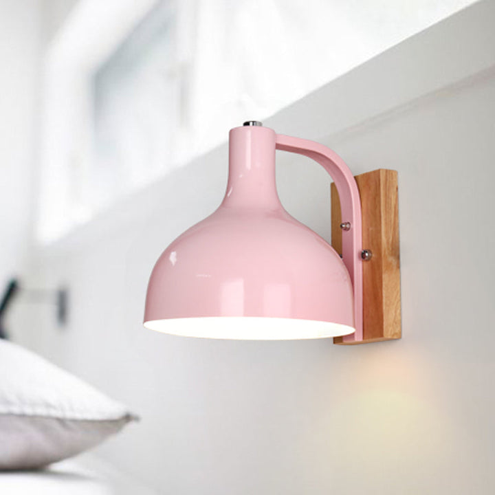 Lisslune | 1 head wall lamp modern dome shade metal wall light with wooden backplate in white/pink