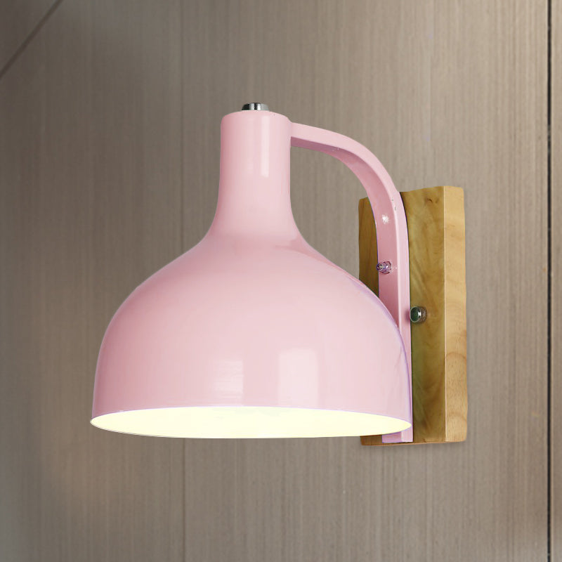 Lisslune | 1 head wall lamp modern dome shade metal wall light with wooden backplate in white/pink